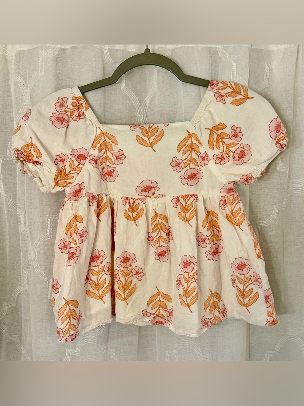 Joie Girls Floral Babydoll Blouse Medium 7/8 Ivory Orange Pink